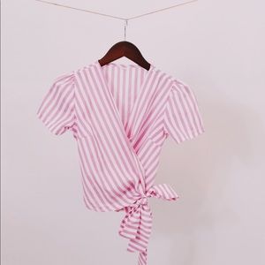 Pink pinstripe side tie wrap crop